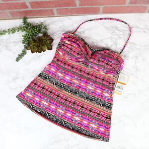 Hobie NEW Pink Geometric Stripe Tankini Back Tie Halter Swim Top Size Small